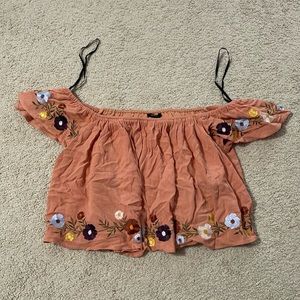 Forever 21 Orange Cold Shoulder Crop Top with Flower Embroidery